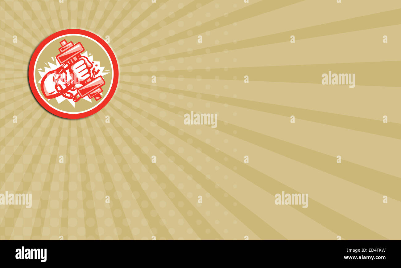 Business card mostra illustrazione di una mano che regge il sollevamento di pesi peso con un set di catene all'interno del cerchio fatto in stile retrò. Foto Stock