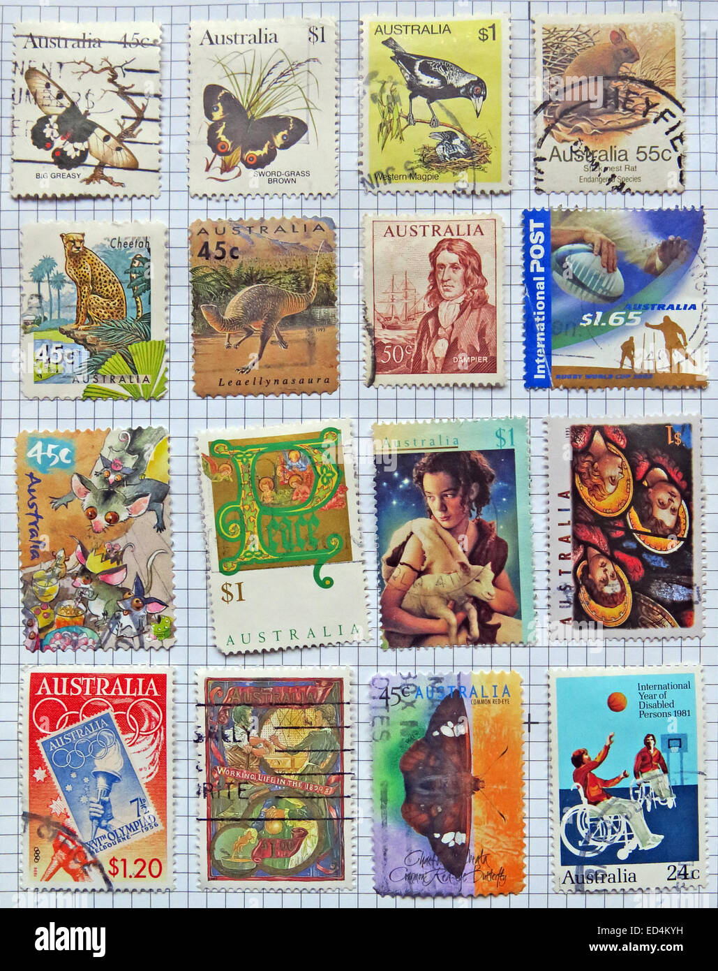 Una miscela di affrancati Australian francobolli Foto Stock