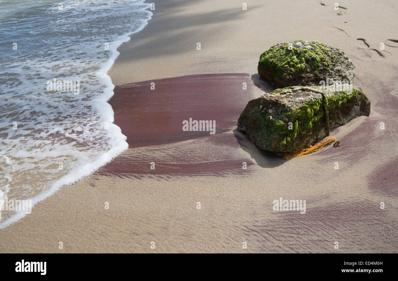 Spiaggia di sabbia con rosso di depositi di minerali in Tangalle, sud della provincia, Sri Lanka, in Asia. Foto Stock