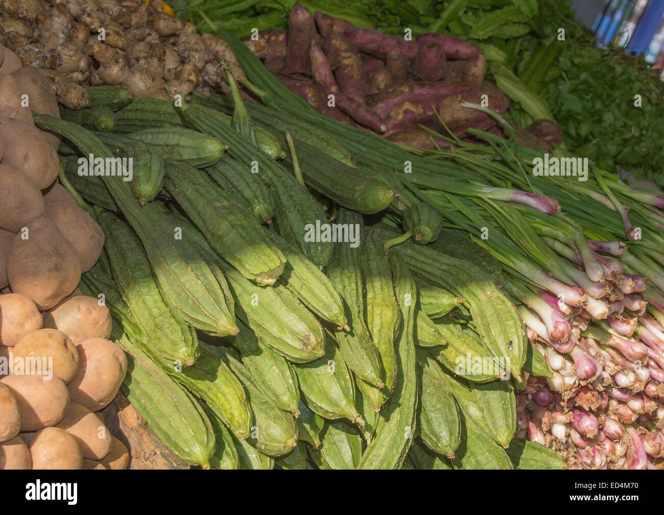 Pressione di stallo di mercato con patate, cipolle, zenzero e altri ortaggi in Tangalle, sud della provincia, Sri Lanka, Asia Foto Stock