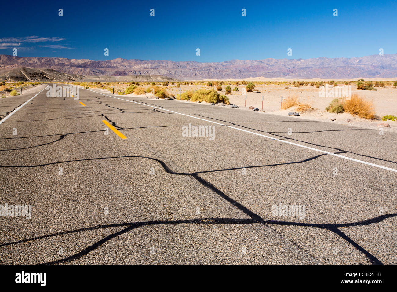 La strada attraverso la Valle della Morte che è il più basso, caldi, arido posto negli USA, con una piovosità media annuale di circa 2 pollici, alcuni anni non riceve alcuna pioggia a tutti. Foto Stock
