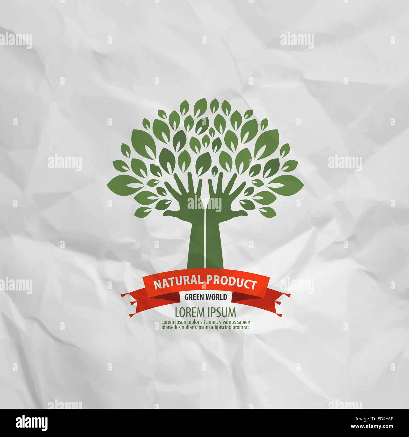 Tree e le mani su una copia di menta. Logo, icona, logo, timbro Foto Stock