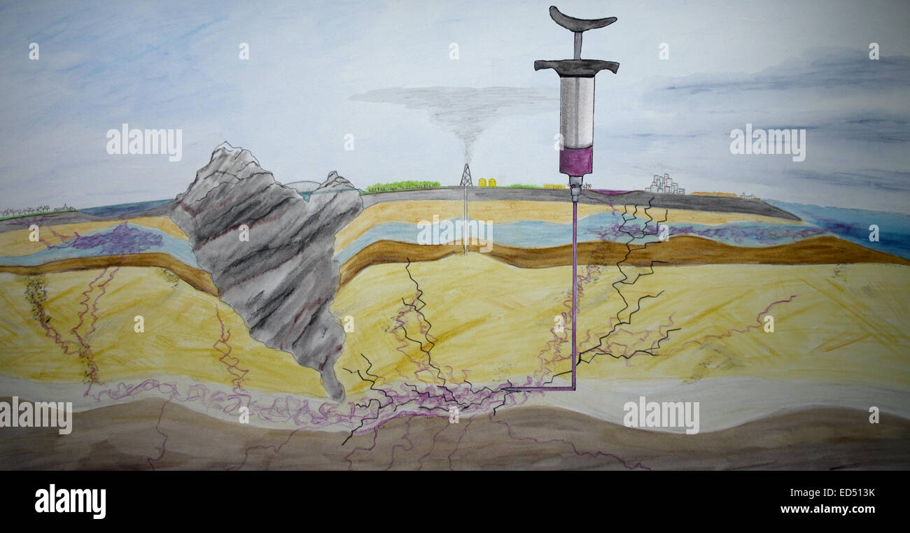 Pericolo di Fracking. Acqua è sprecato, avvelenato acqua diffusa nel terreno e distrugge l'acqua fresca. Nessun controllo. Foto Stock