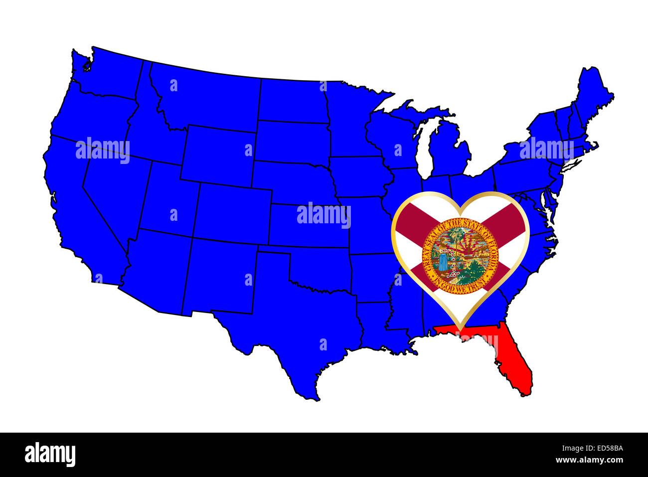 Stato della Florida outline e icona set inset in una mappa degli Stati Uniti d'America Foto Stock