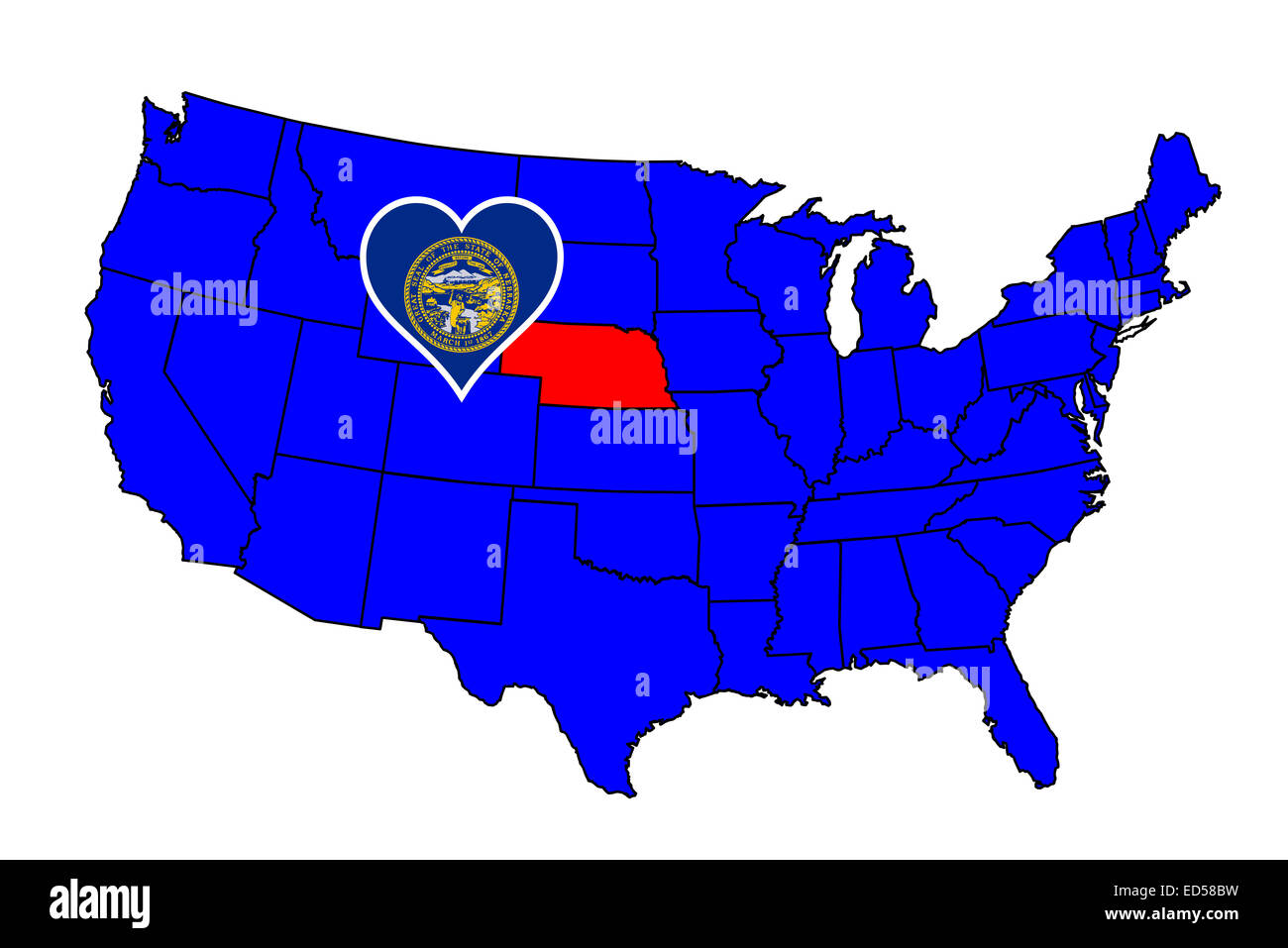 Stato del Nebraska outline e icona set inset in una mappa degli Stati Uniti d'America Foto Stock