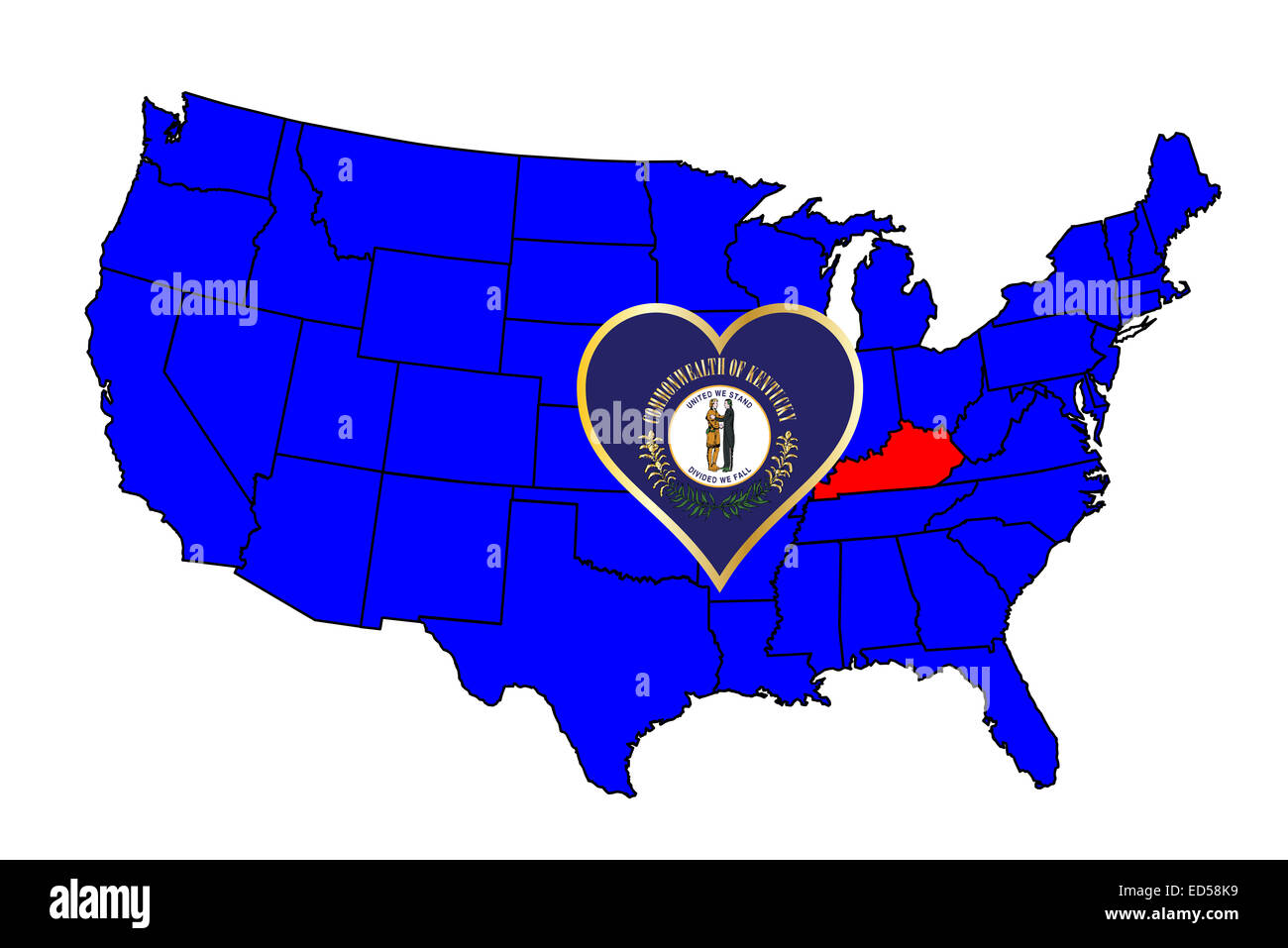 Stato del Kentucky outline e icona set inset in una mappa degli Stati Uniti d'America Foto Stock