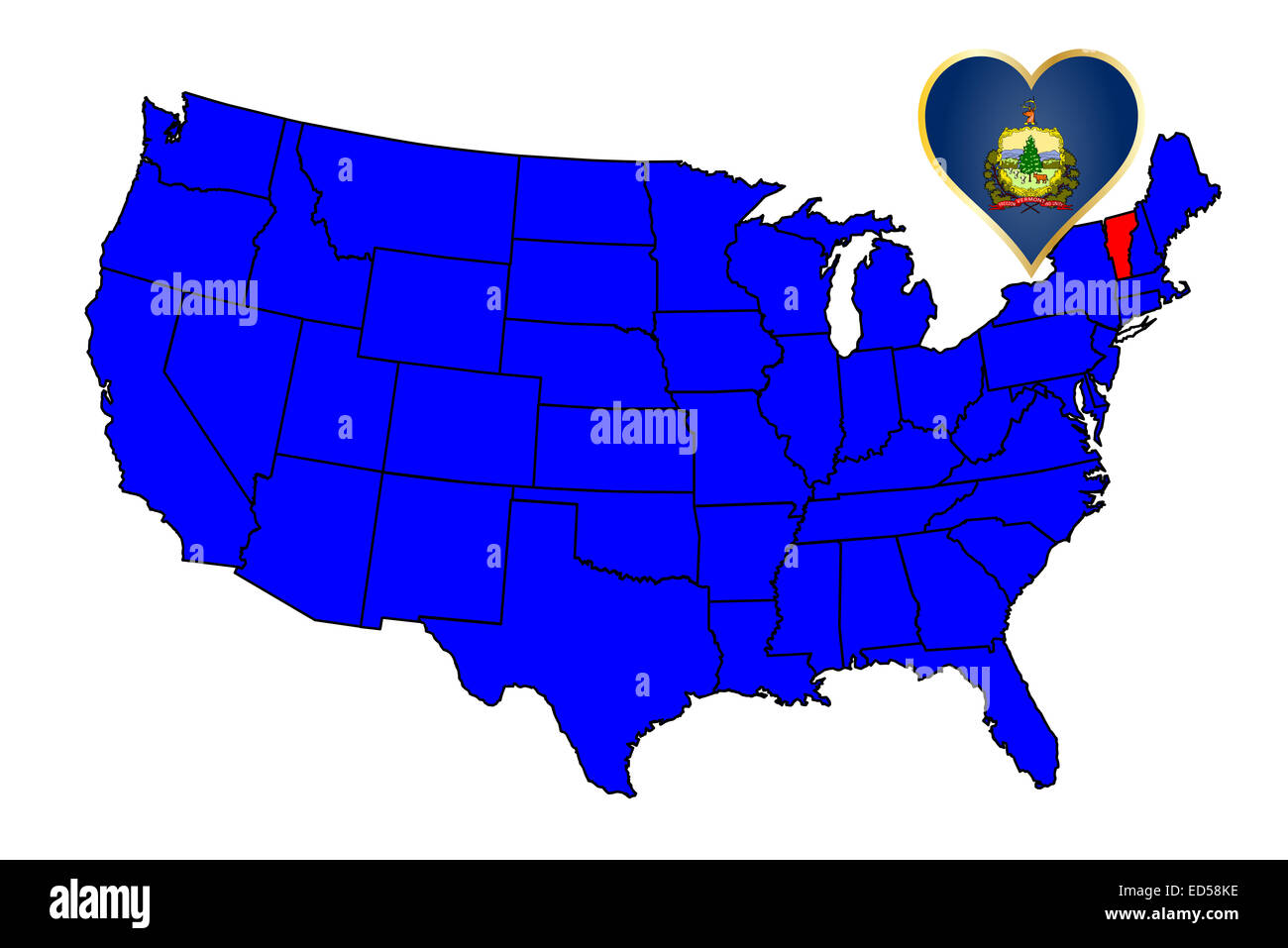 Stato del Vermont outline e icona set inset in una mappa degli Stati Uniti d'America Foto Stock