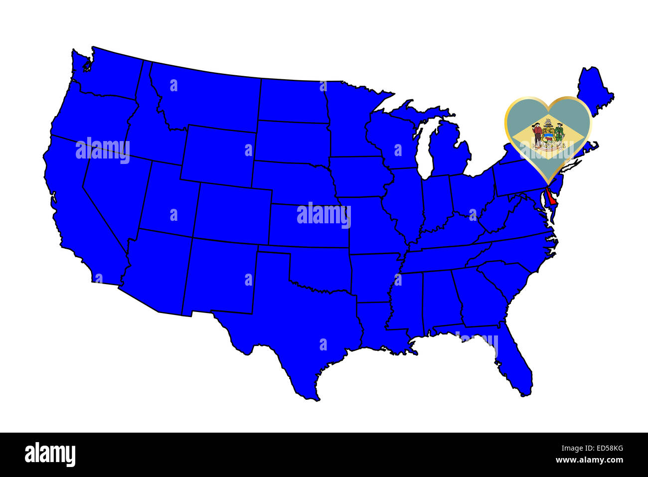 Delaware stato bordato e icona set inset in una mappa degli Stati Uniti d'America Foto Stock