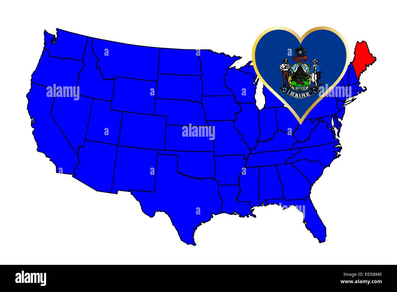 Stato del Maine outline e icona set inset in una mappa degli Stati Uniti d'America Foto Stock