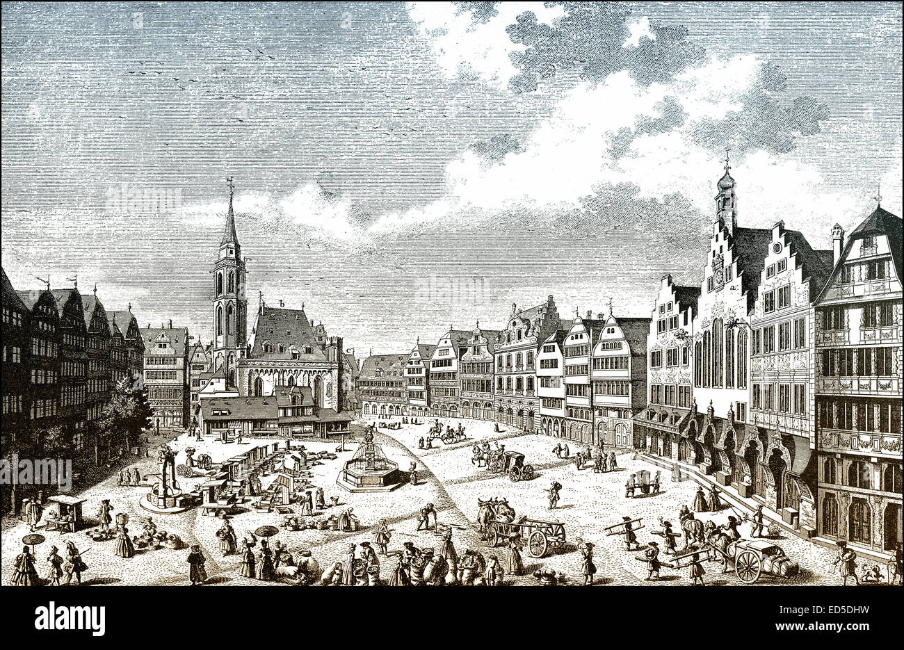 Paesaggio urbano storico, Roemerberg square, Frankfurt am Main, Hesse, Germania, XVIII secolo, historische Stadtansicht von Frankfur Foto Stock