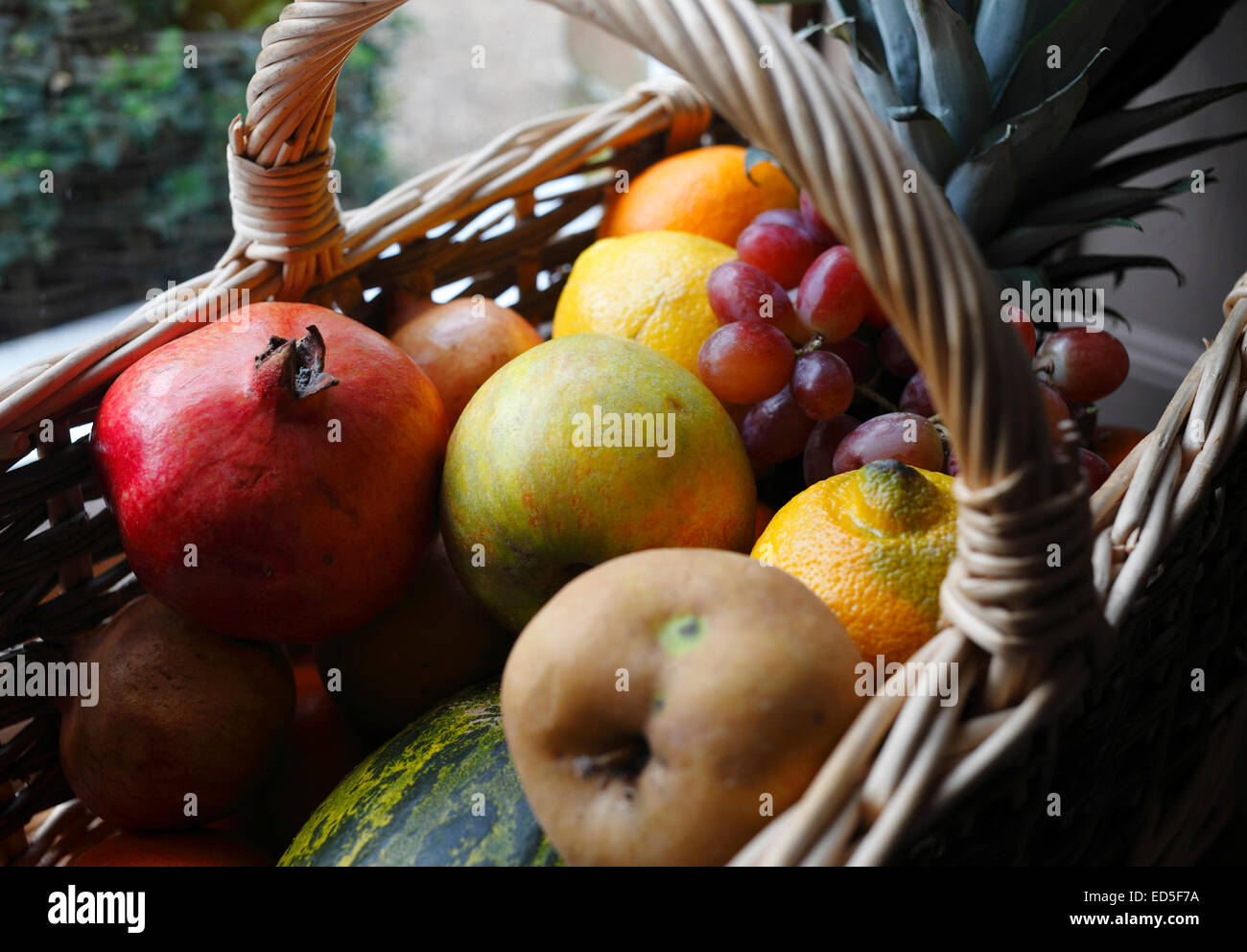 Una selezione di frutta in una cesta da una finestra. Foto Stock