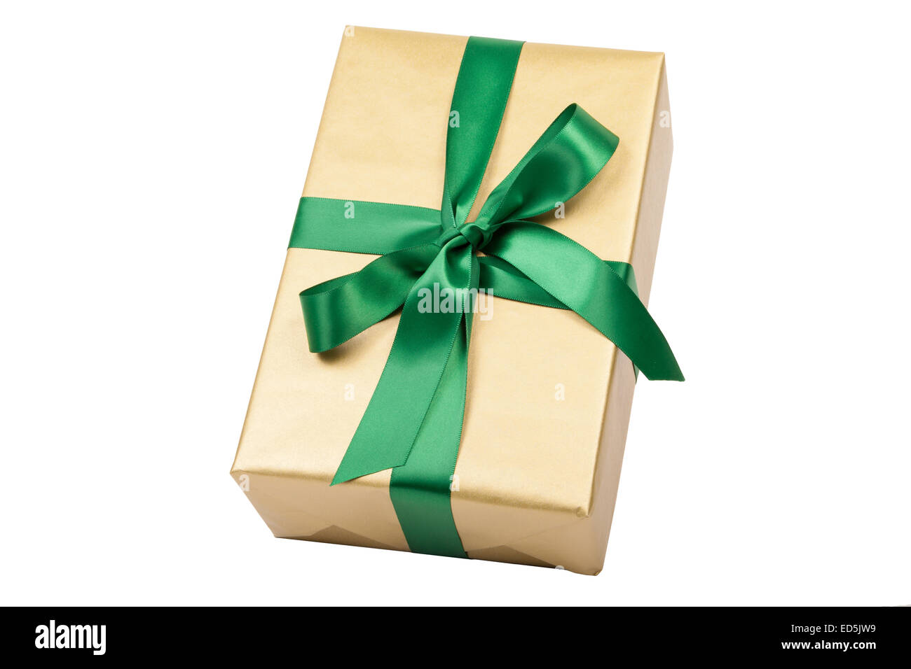 Golden christmas box isolato su bianco Foto Stock