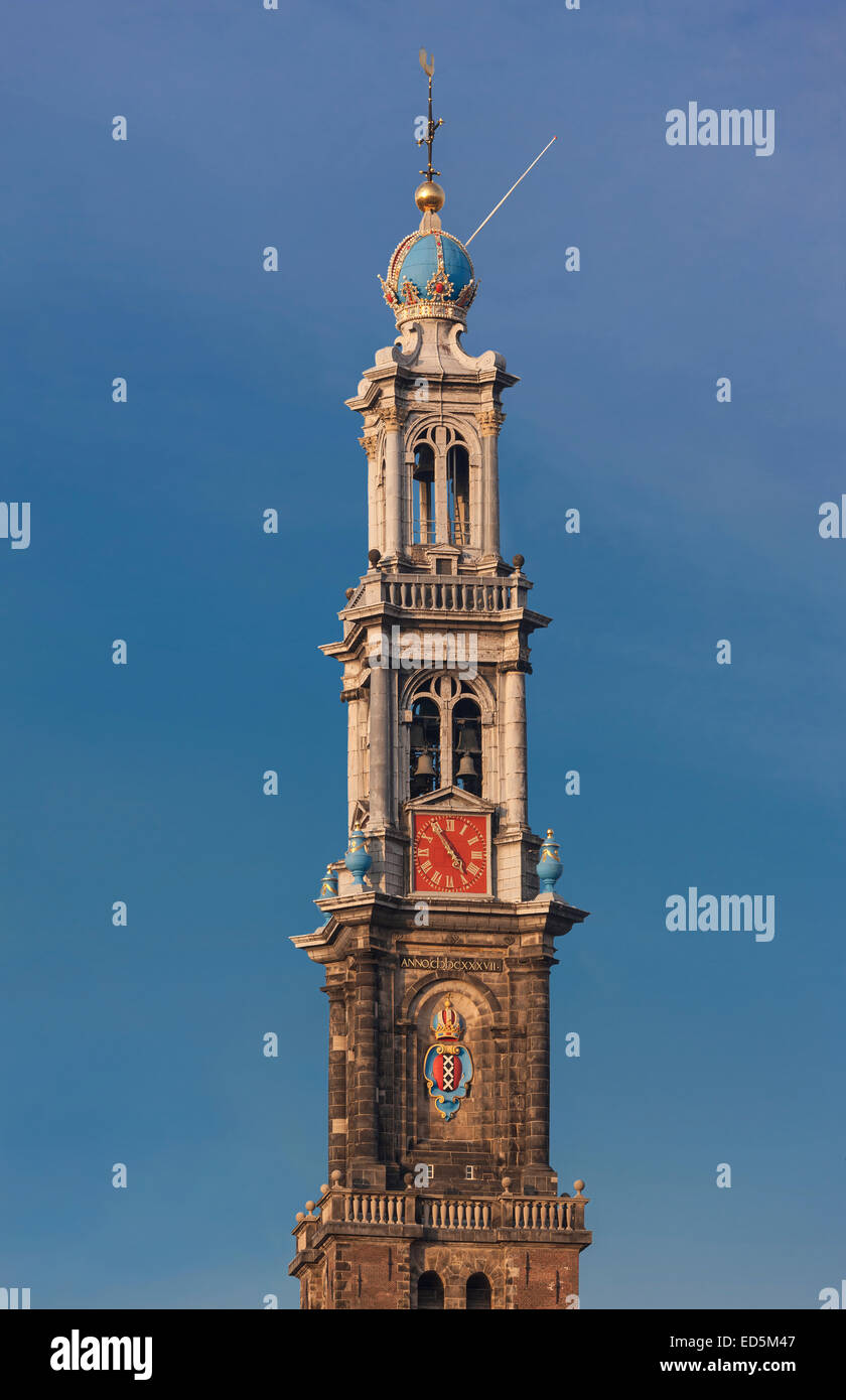 Amsterdam Westertoren Wester Toren, Westerkerk, West Chiesa torre, icona e simbolo della città e il quartiere Jordaan. Foto Stock