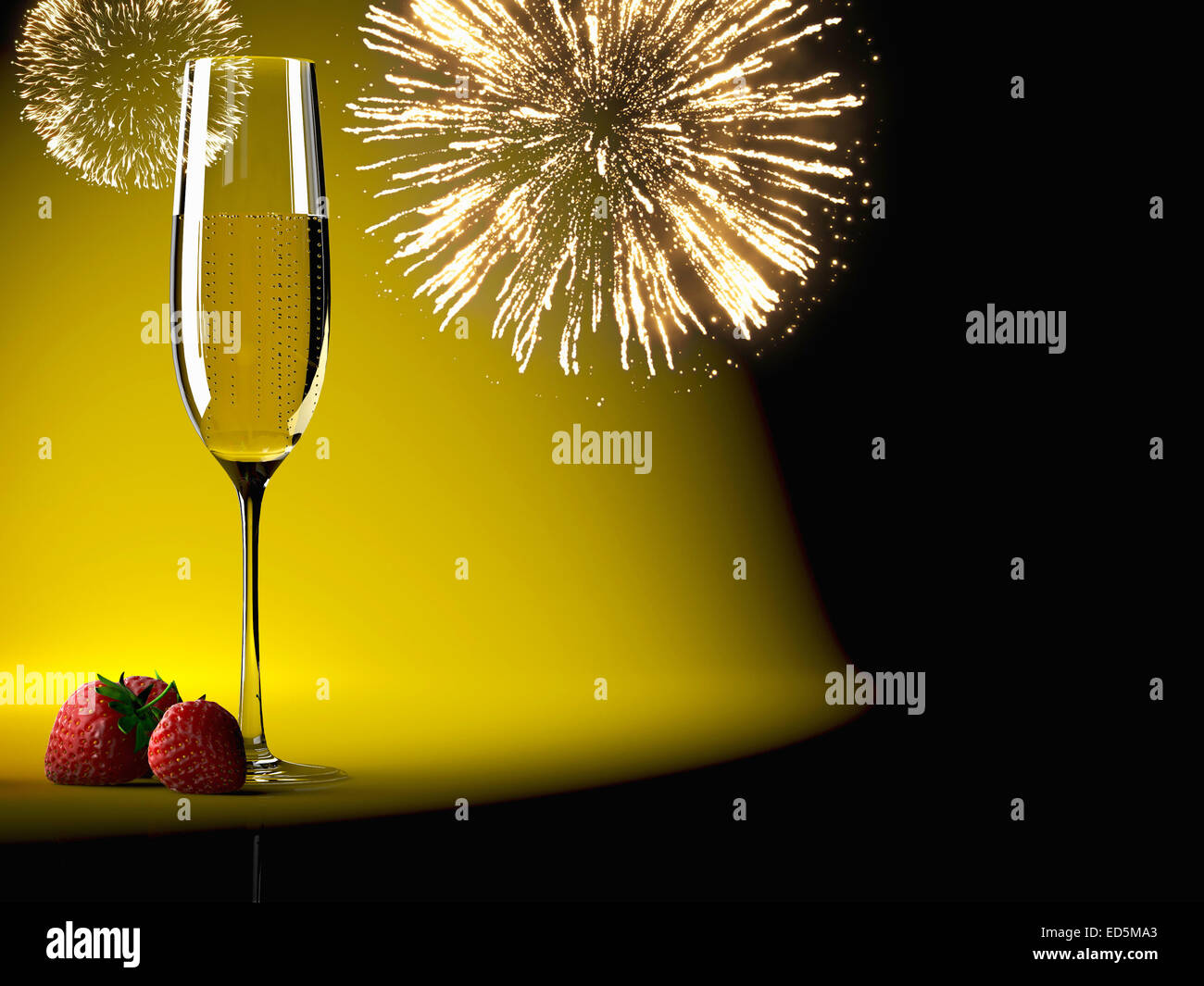 Bicchieri di champagne con fuochi d'artificio sullo sfondo Foto Stock
