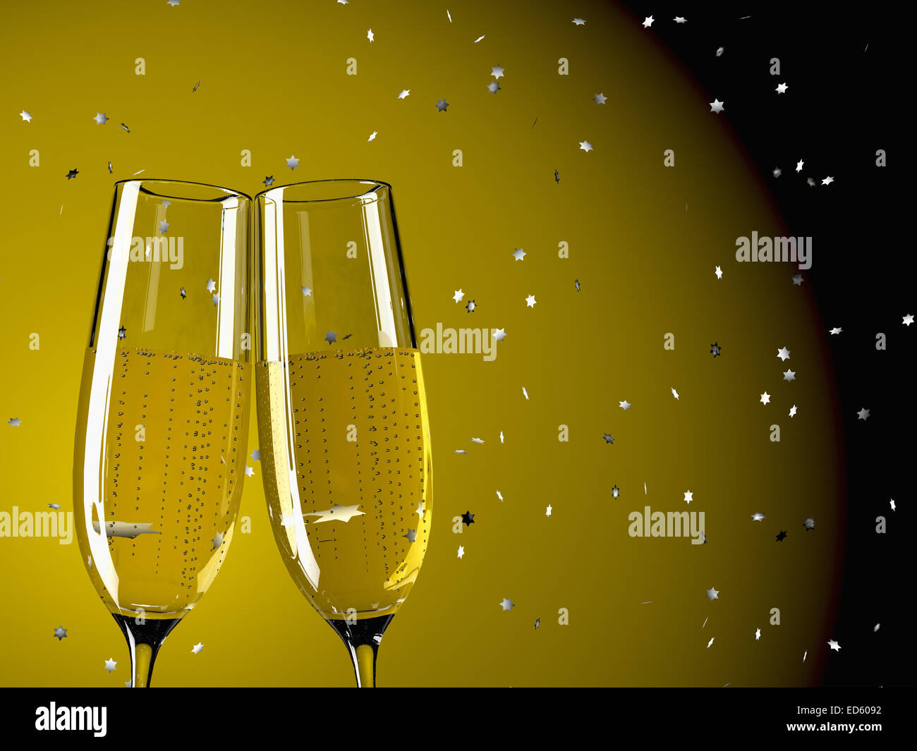Due champagne in vetro su una tabella con sfondo colorato Foto Stock