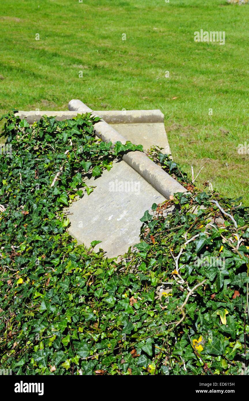 Oggetto contrassegnato per la rimozione definitiva parzialmente coperto di edera nella chiesa di san lorenzo sagrato, evesham, worcestershire, Inghilterra, Regno Unito, Europa occidentale. Foto Stock