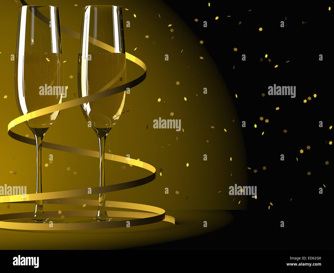 Bicchieri di champagne e streamer Foto Stock