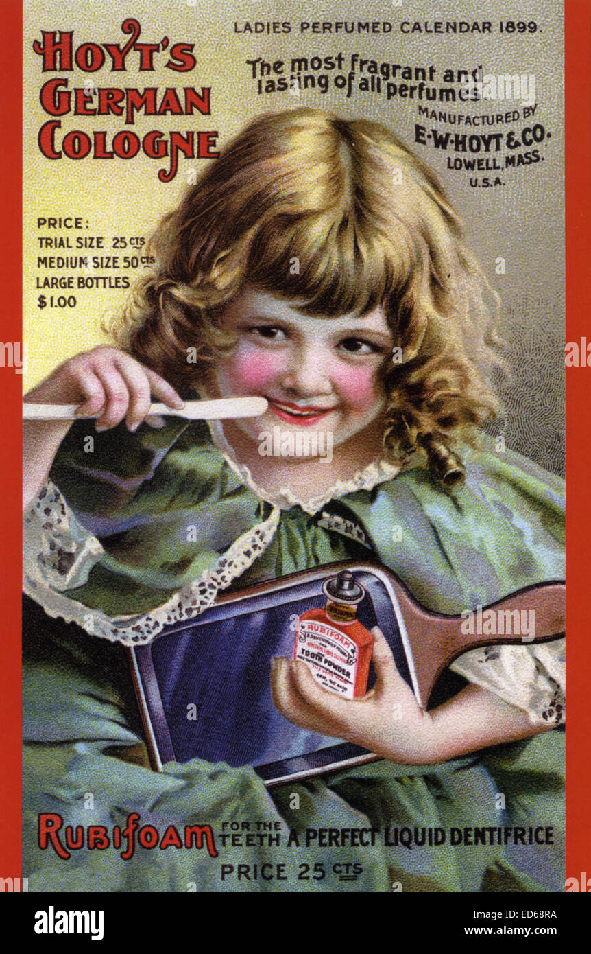 Il dentifricio scheda promozionale da una società americana circa 1900 combinando un annuncio pubblicitario per il dentifricio (qui chiamati di dentifricio) e profumo Foto Stock
