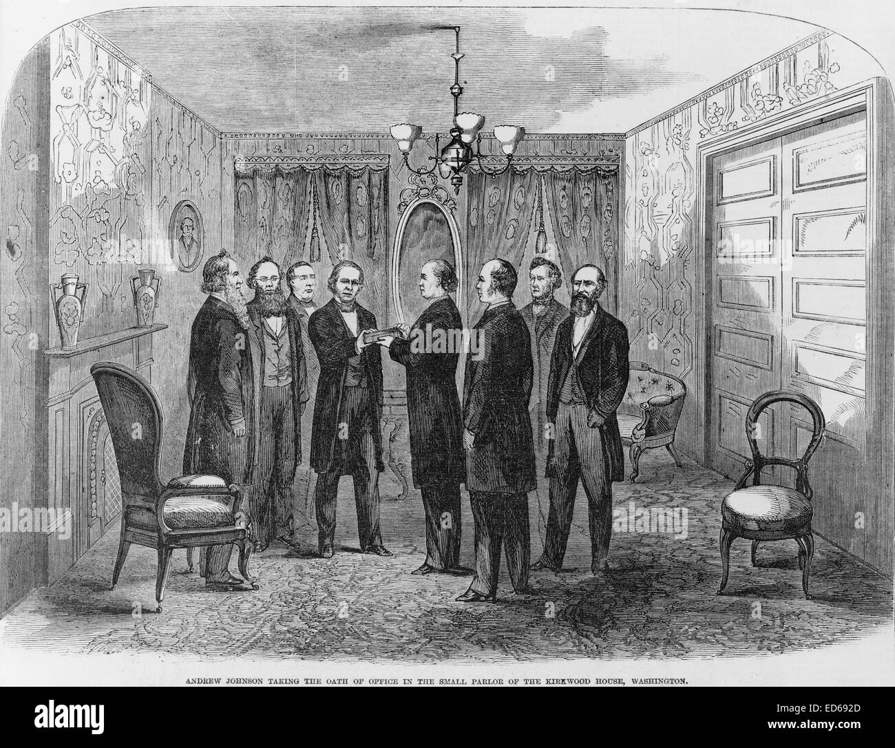 Andrew Johnson tenendo il giuramento nel piccolo salottino della Kirkwood House Hotel, Washington, 15 aprile 1865 Foto Stock