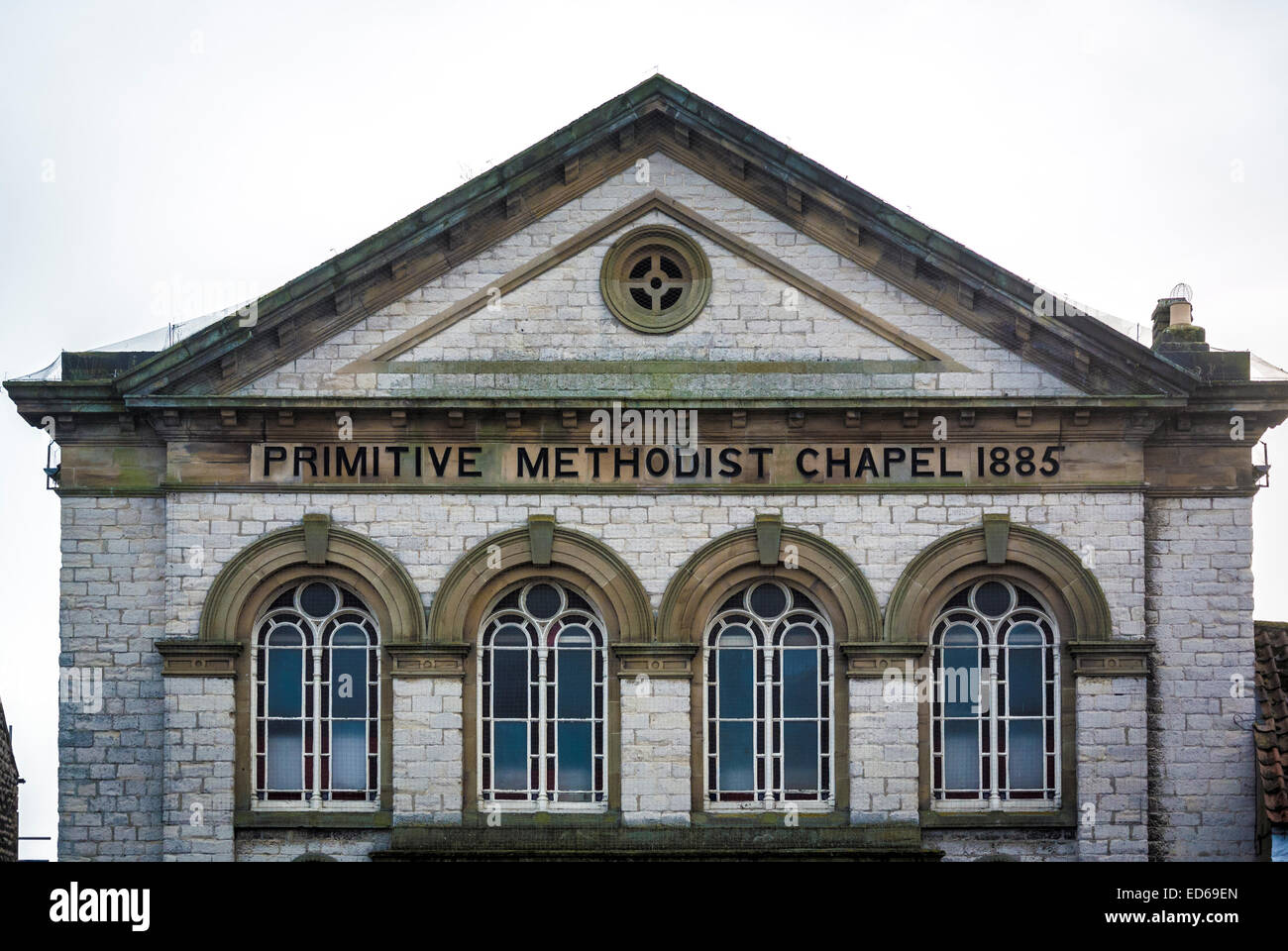 Primitiva cappella metodista edificio e segno, Pickering, North Yorkshire, Regno Unito. Foto Stock