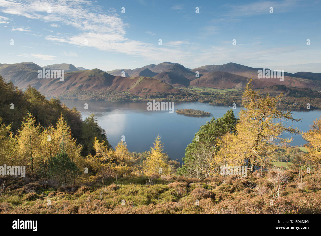 Derwent Water, Cat campane e Derwent Fells da Walla roccioso in autunno, Lake District inglese Foto Stock