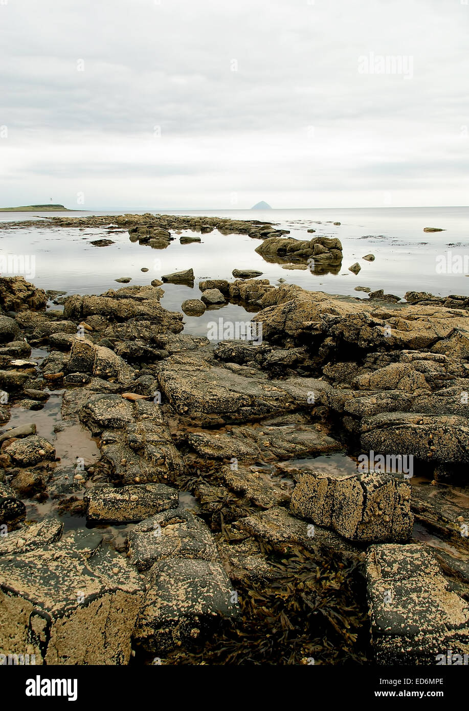 Le viste dal litorale al Kildonan sull'isola di Arran guardando verso Ailsa Craig Foto Stock