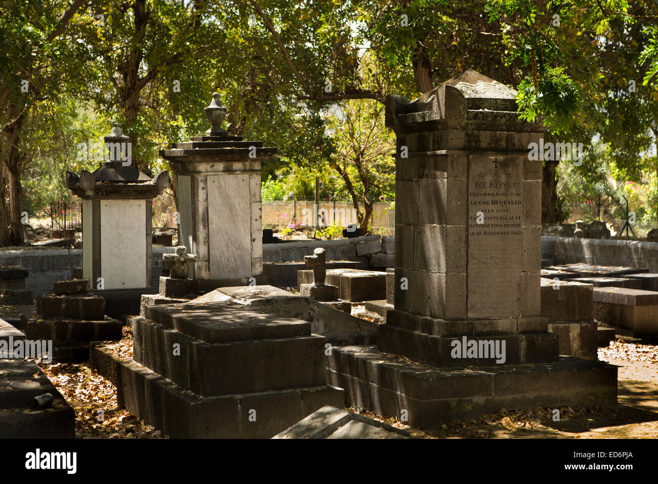 Maurizio, Tamarin, Black River cimitero storico di epoca coloniale di lapidi e monumenti commemorativi Foto Stock