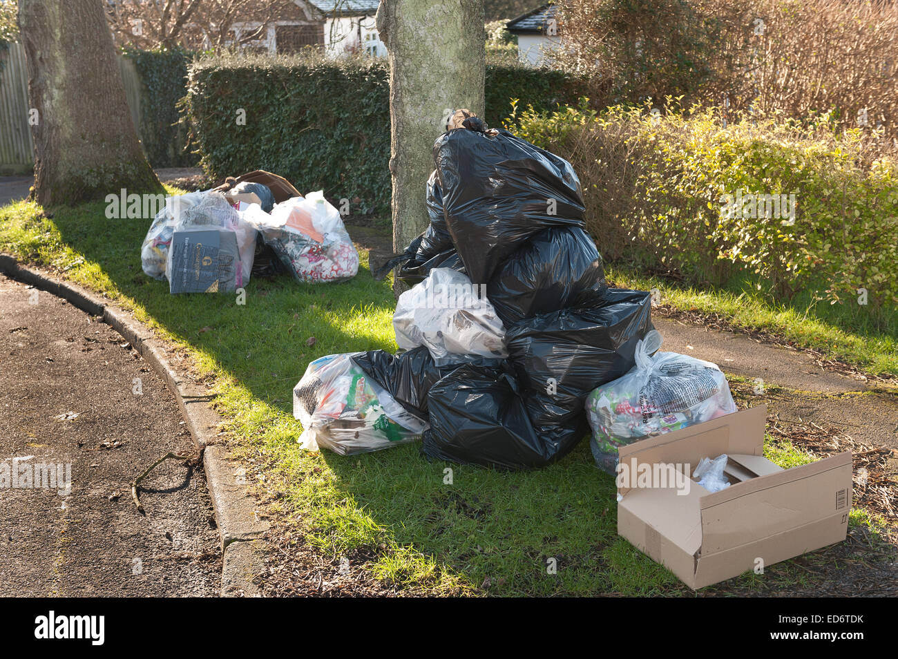 Accumulo di rifiuti domestici rifugio causando il blocco e la pila dei rifiuti e impedendo l'accesso per disabili sul marciapiede del consiglio Foto Stock Accumulo di rifiuti domestici rifugio causando il blocco e la pila dei rifiuti e impedendo l'accesso per disabili sul marciapiede del consiglio Foto Stock