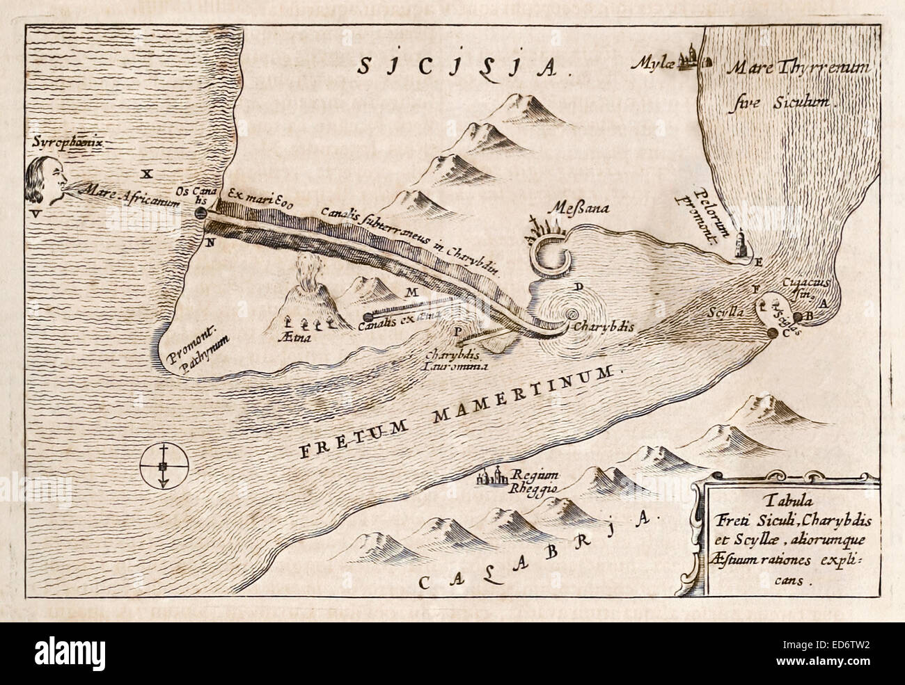 "Tabula Freti Siculi, Cariddi et Scyllae' xvii secolo illustrazione dello Stretto di Messina che mostra il Monte Etna, Scilla e Cariddi. L'immagine mostra una spiegazione per la vasca idromassaggio che una volta era ritenuto essere un mostro marino. Vedere la descrizione per maggiori informazioni. Foto Stock