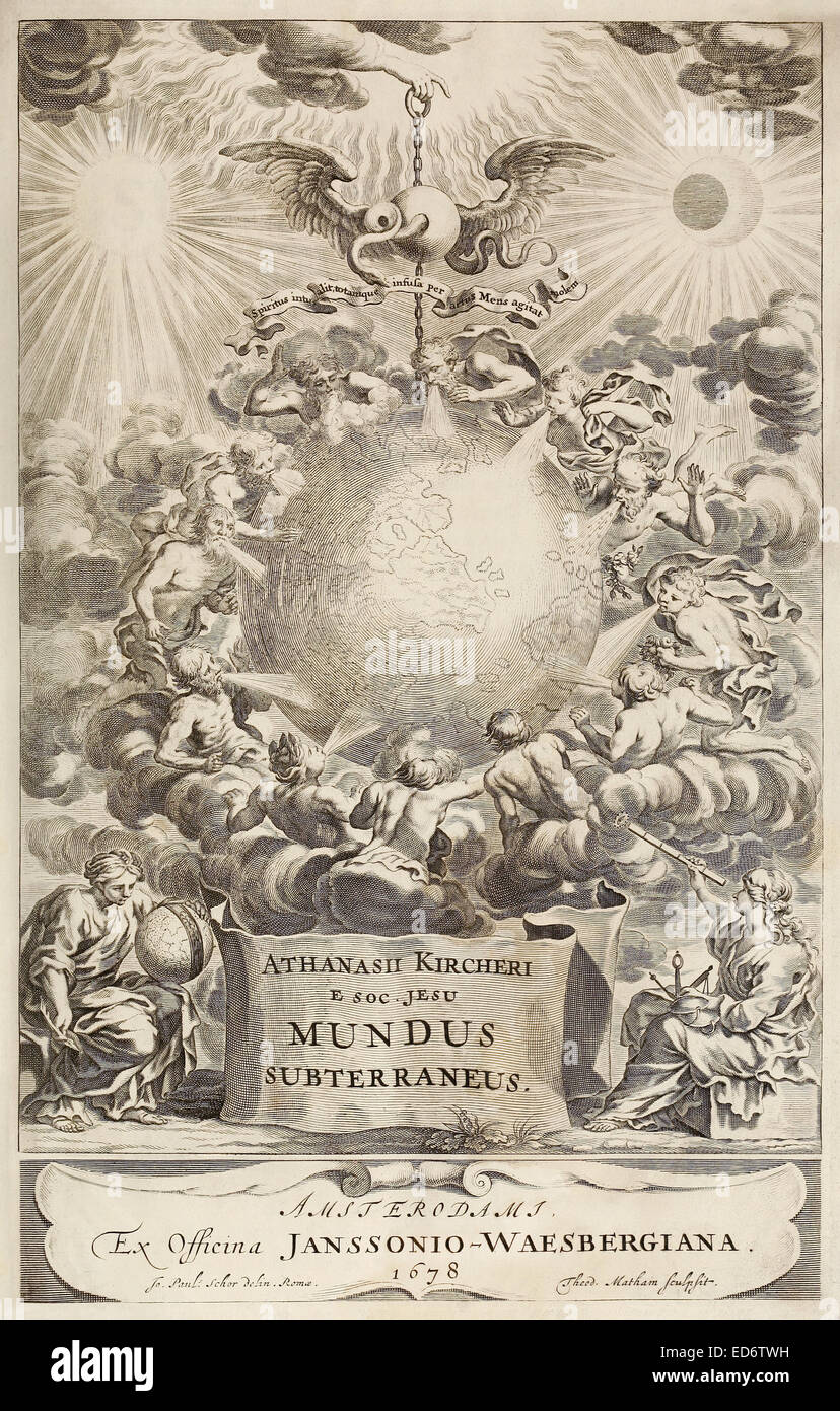 Frontespizio da "mundus subterraneus' di Athanasius Kircher (1602-1680). Vedere la descrizione per maggiori informazioni. Foto Stock
