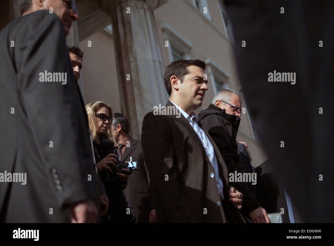 Alexis Tsipras, presidente del Partito Syriza. Dopo la terza votazione per il Presidente della Repubblica di Grecia. Elezione senza risultato. Elezioni Parliamental con inizio del 2015. 29.12.2014 Foto Stock