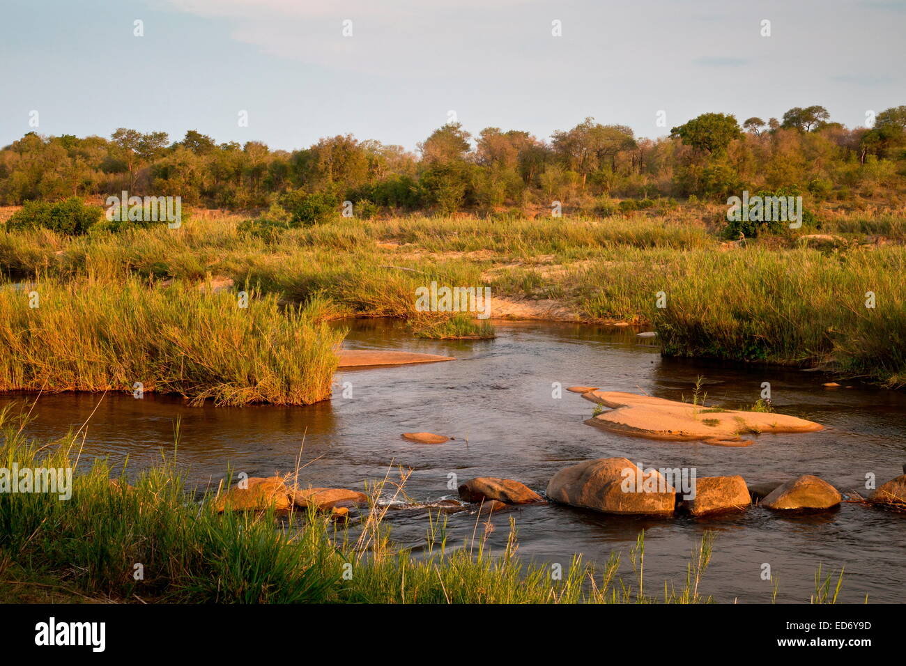 Sabie River che scorre lungo il bordo del Parco Nazionale di Kruger, dalla Bassa Sabie riserva; Sud Africa Foto Stock