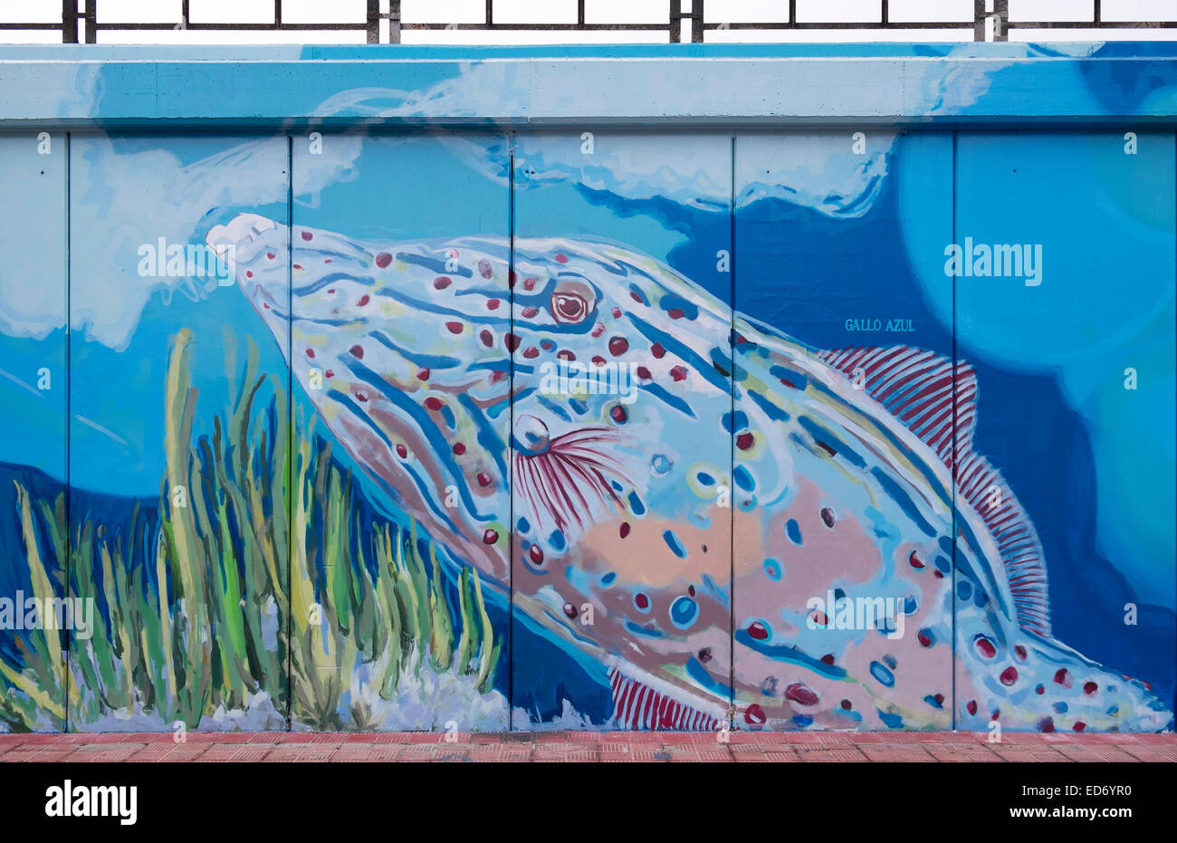 Parete di porto con i dipinti di animali marini di Los Cristianos, Tenerife, Isole Canarie, Spagna Foto Stock