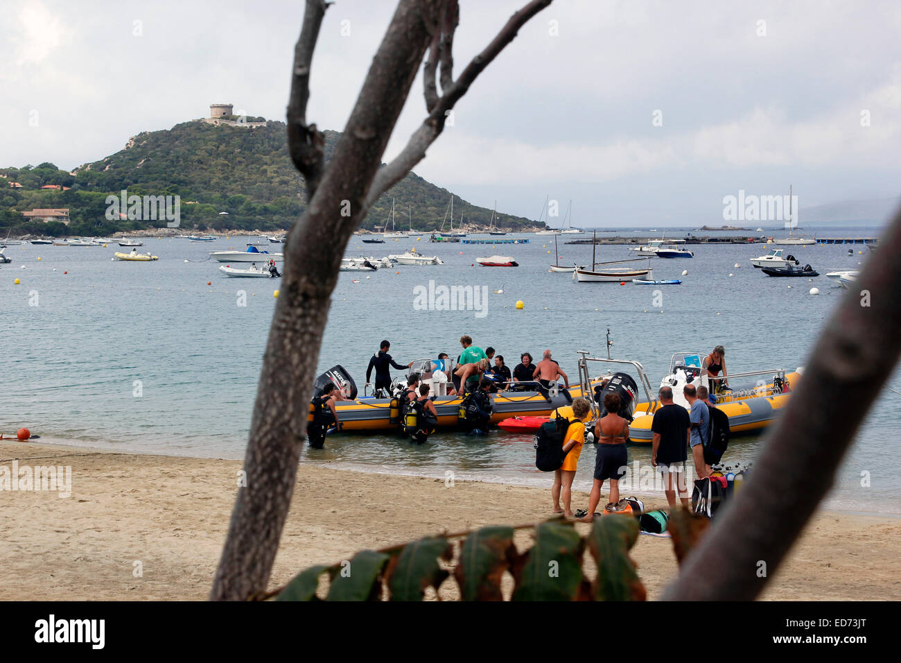 I subacquei imbarco barche sulla spiaggia di Campomoro Valinco regione Corsica Francia Foto Stock