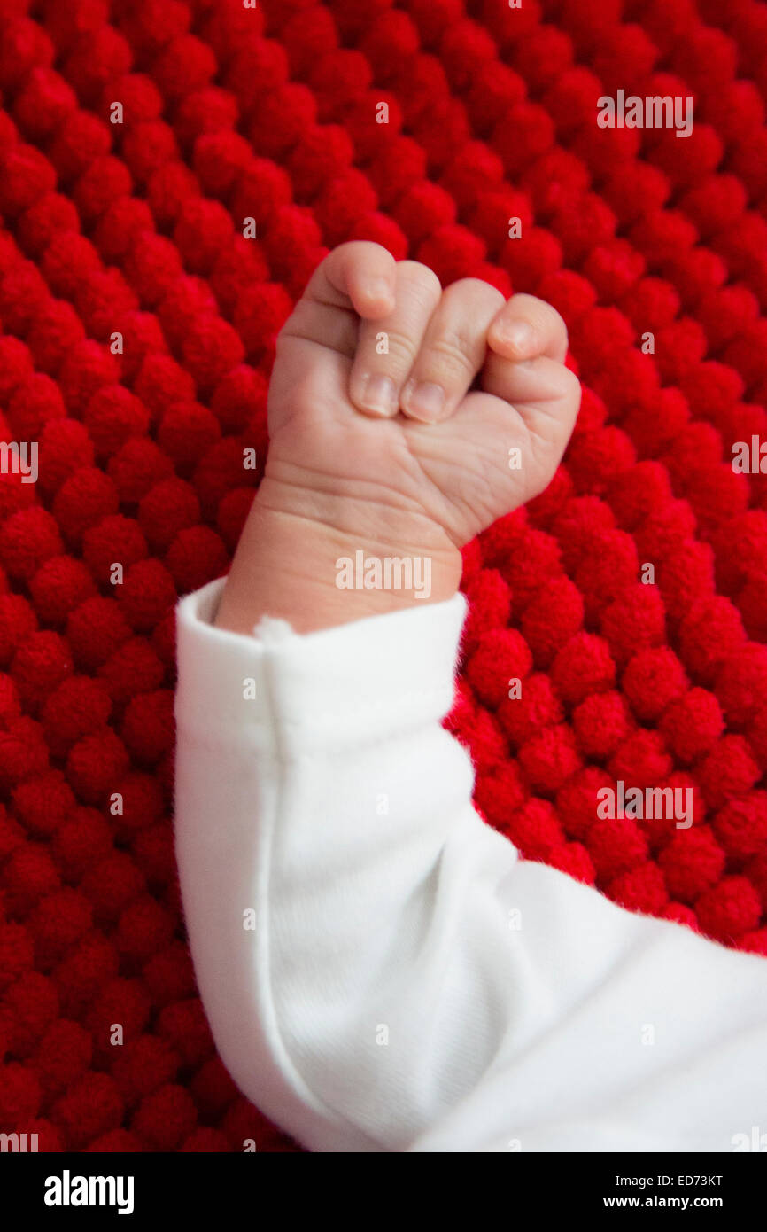 Neonato mano chiusa sul rosso sfondo soffice Foto Stock