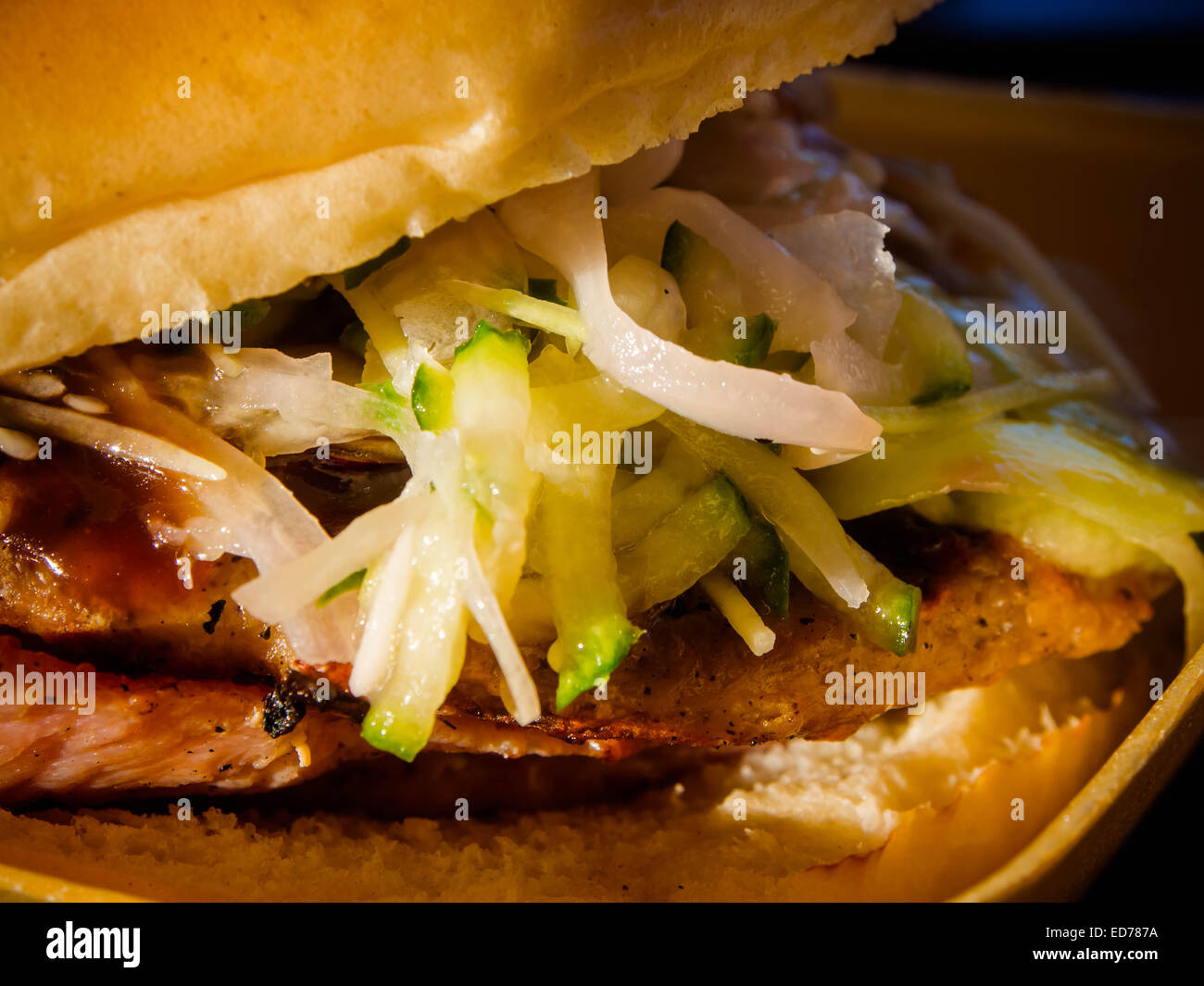 Close up di un anatra da asporto burger in una vaschetta di polistirolo Foto Stock