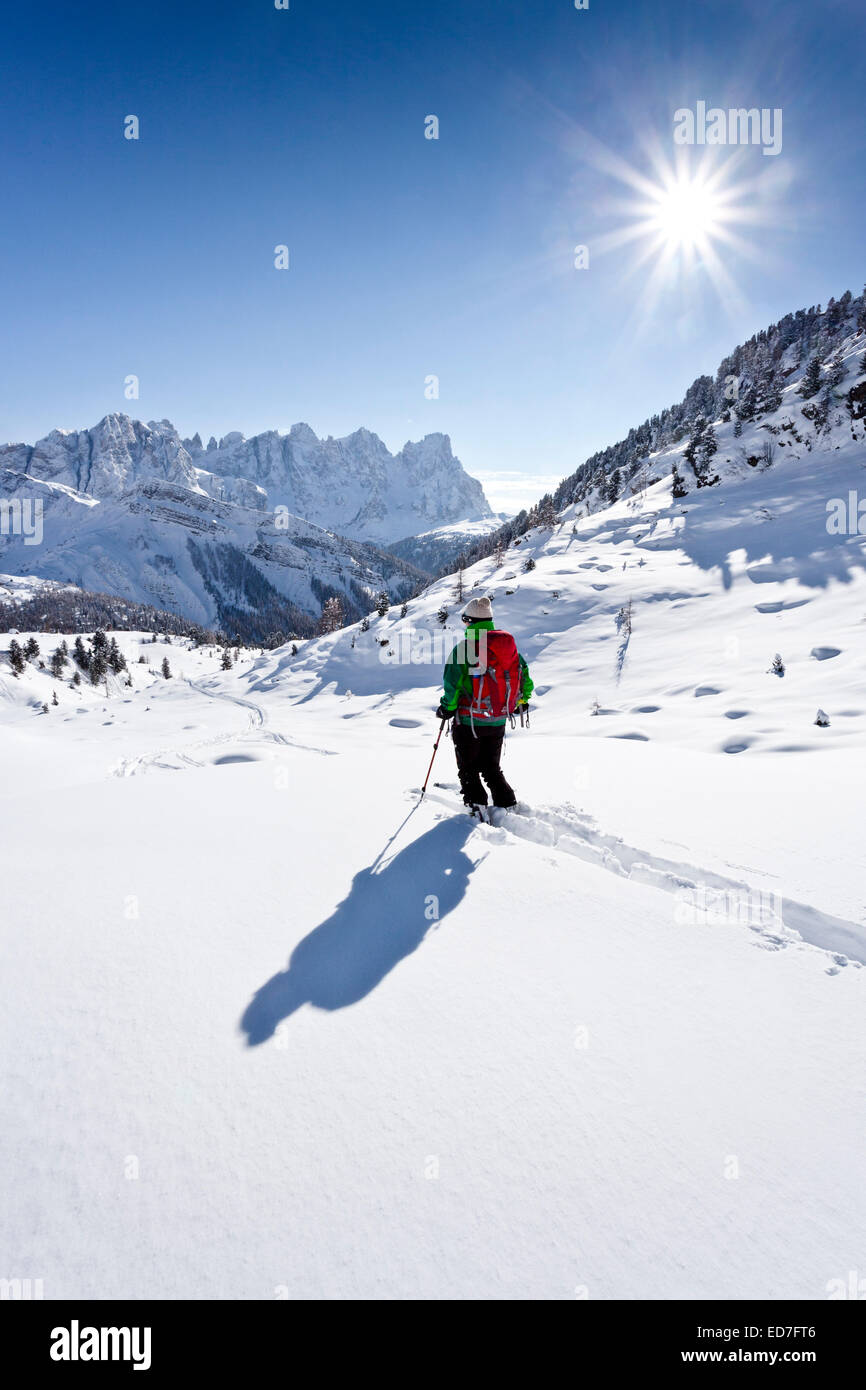 Sci di fondo, di discesa da Juribrutto sopra Passo Valles, Dolomiti, dietro il Palabelow il Passo Valles, Falcade Foto Stock