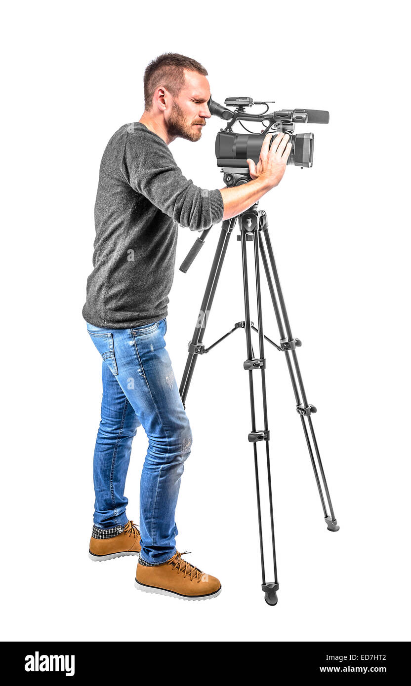 La telecamera video operatore isolato su uno sfondo bianco Foto Stock