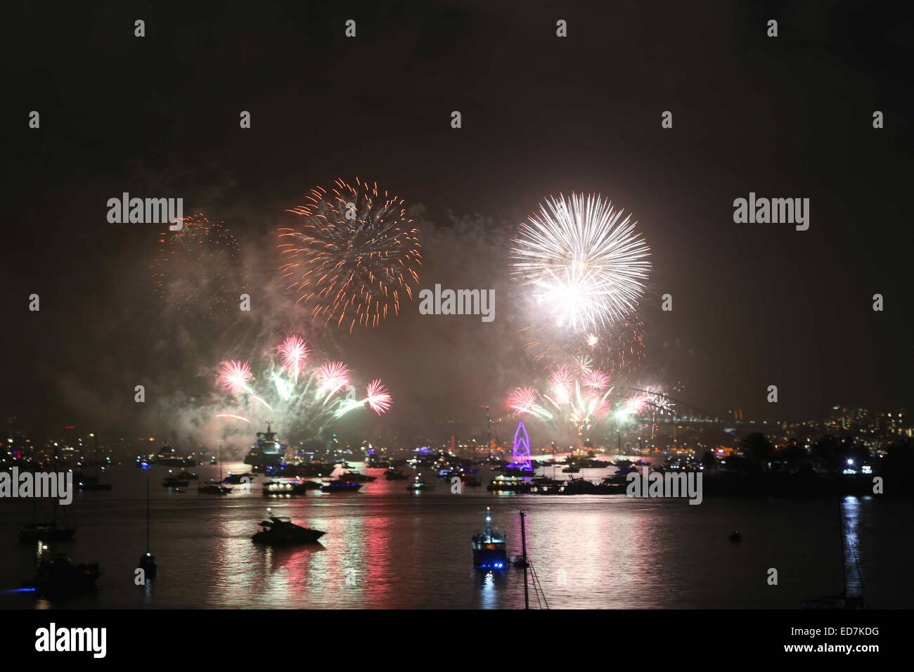 Sydney, Australia. 1 gennaio 2015. A mezzanotte fuochi d'artificio al Ponte del Porto di Sydney e il porto ha segnato l'inizio del 2015. Foto scattata da Queen's Avenue nella Vaucluse. Copyright Credit: 2014. Richard Milnes/Alamy Live News. Foto Stock