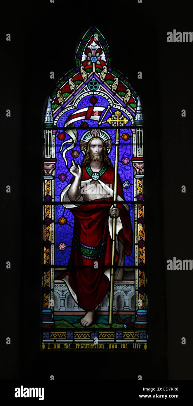 Una finestra di vetro colorato da Henry Mark Barnett raffigurante la risurrezione di Gesù, Chiesa di Santa Maria, Brilley Herefordshire Foto Stock