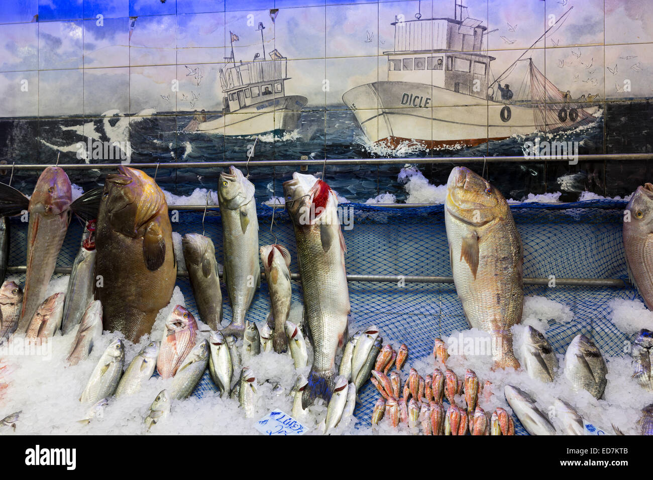 Pesce fresco compresi Orfoz in vendita presso Dicle pescivendoli nel mercato alimentare nel quartiere di Kadikoy lato Asiatico di Istanbul, est della Turchia Foto Stock