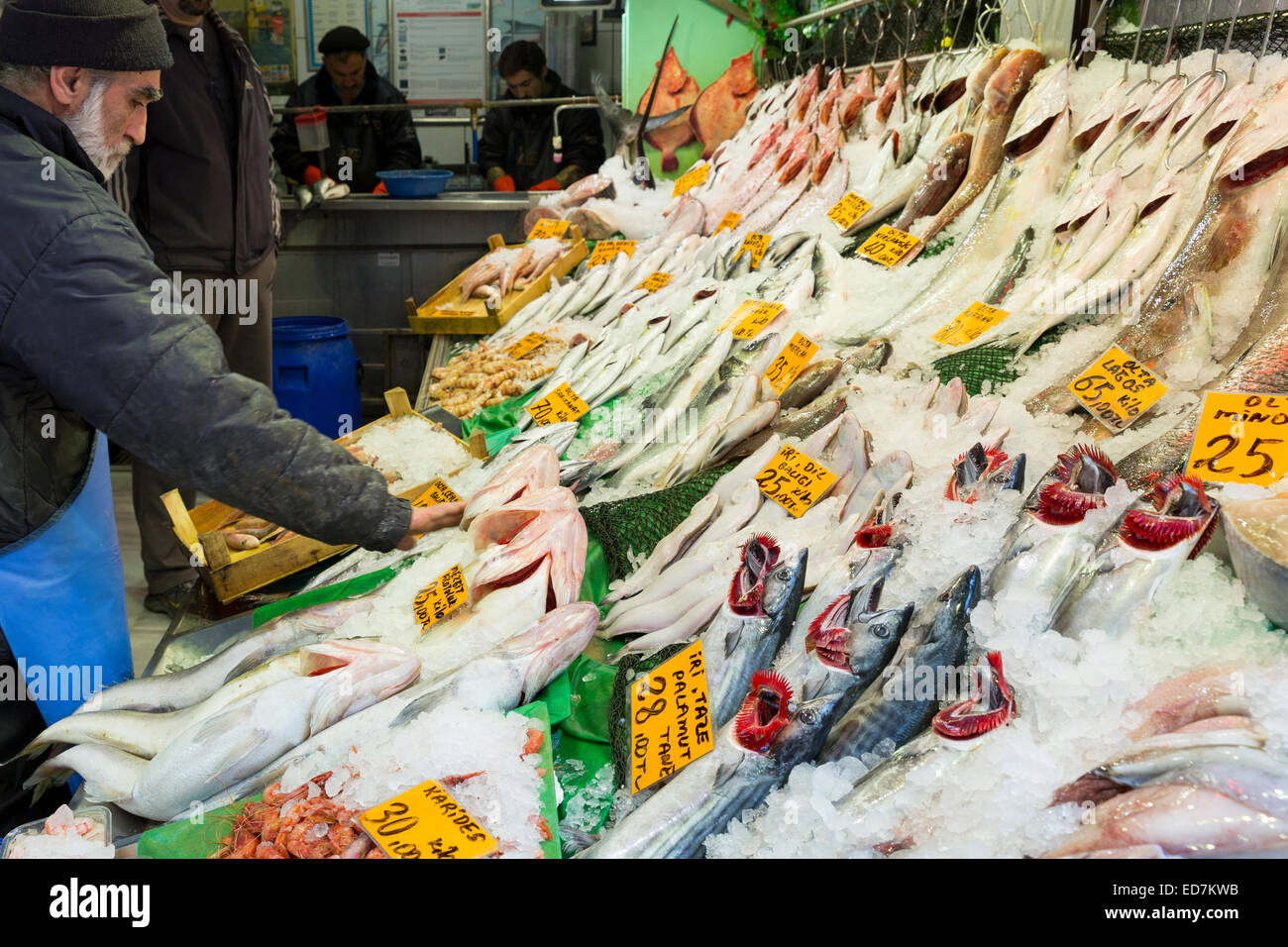 Negoziante la vendita di pesce fresco pesce bonito calamari al tuo pescivendolo nel mercato alimentare di Kadikoy district asiatica di Istanbul, est della Turchia Foto Stock