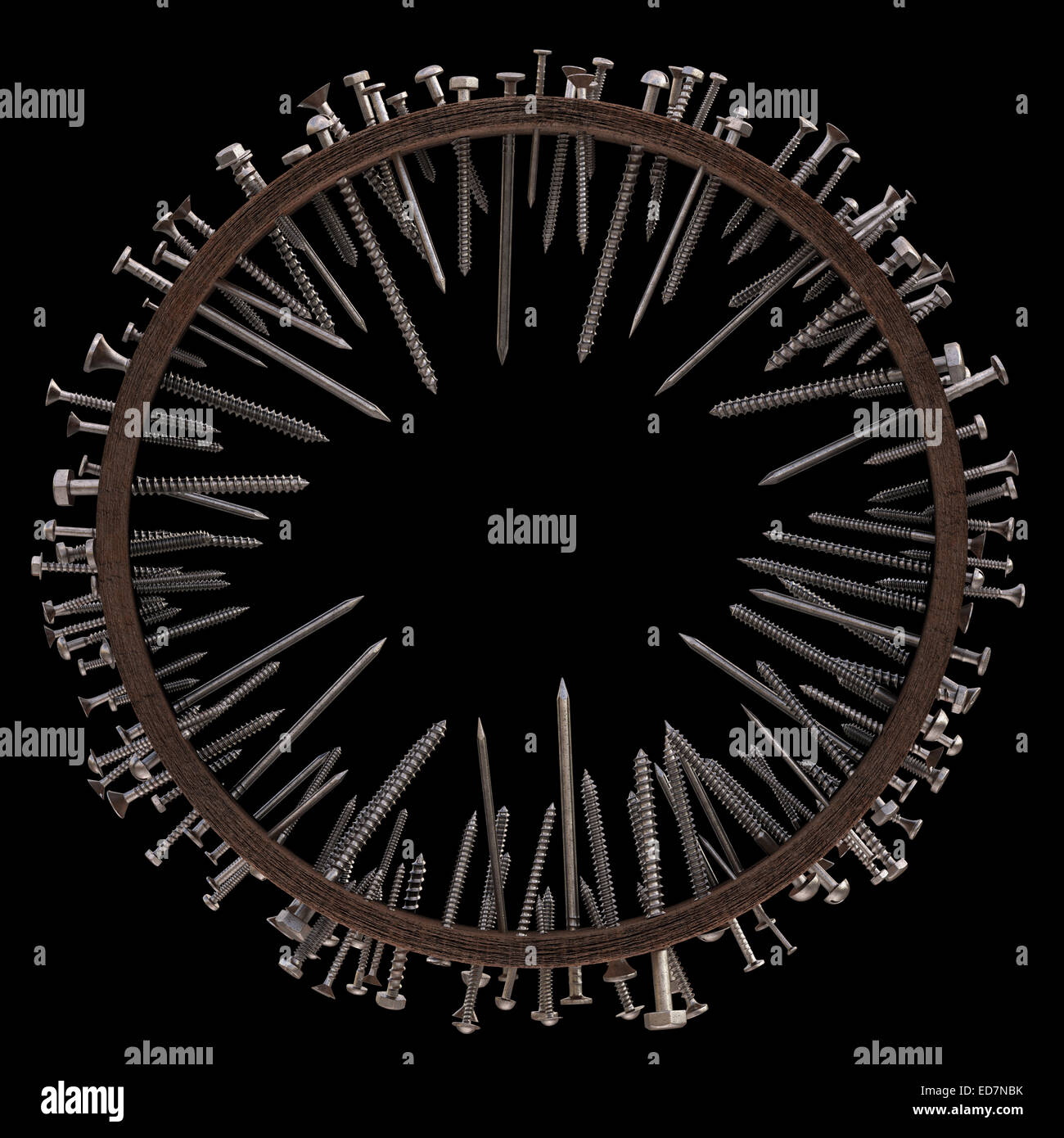 Asse di legno con chiodi e viti. Percorso di clipping incluso. Foto Stock