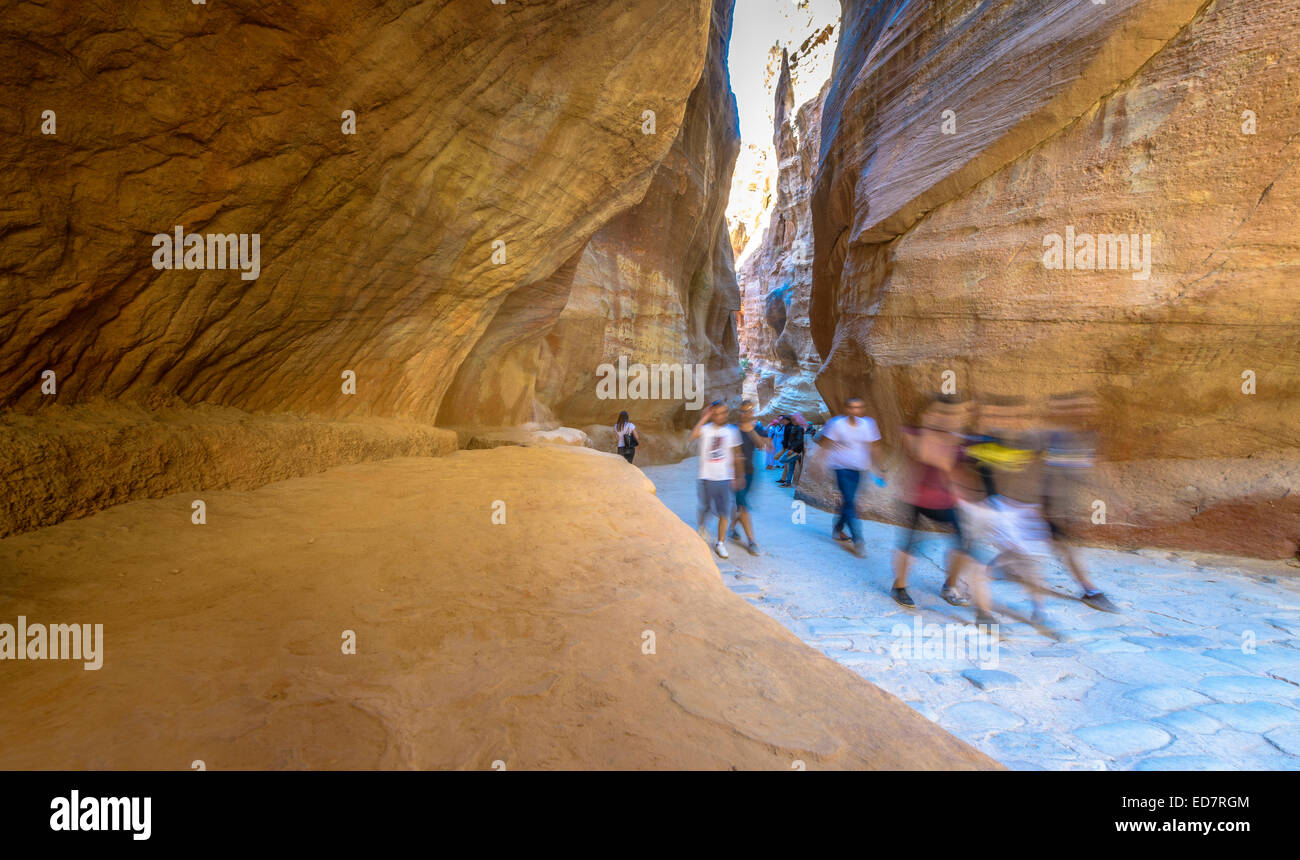 Il Siq, il canyon stretto che serve come il passaggio di entrata alla città nascosta di Petra, Giordania. Foto Stock