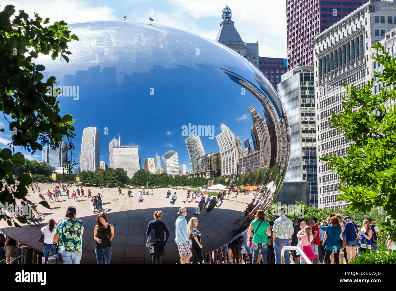 Chicago Illinois,Loop,Millennium Park,Cloud Gate,The Bean,artista Anish Kapoor,arte pubblica,riflessa,riflessione,distorta,skyline della città,IL140906051 Foto Stock
