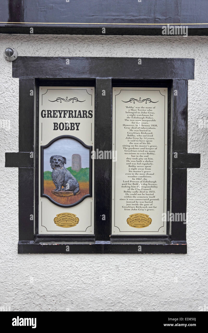 Segno che spiega la storia di Greyfriars Bobby, Edimburgo Foto Stock
