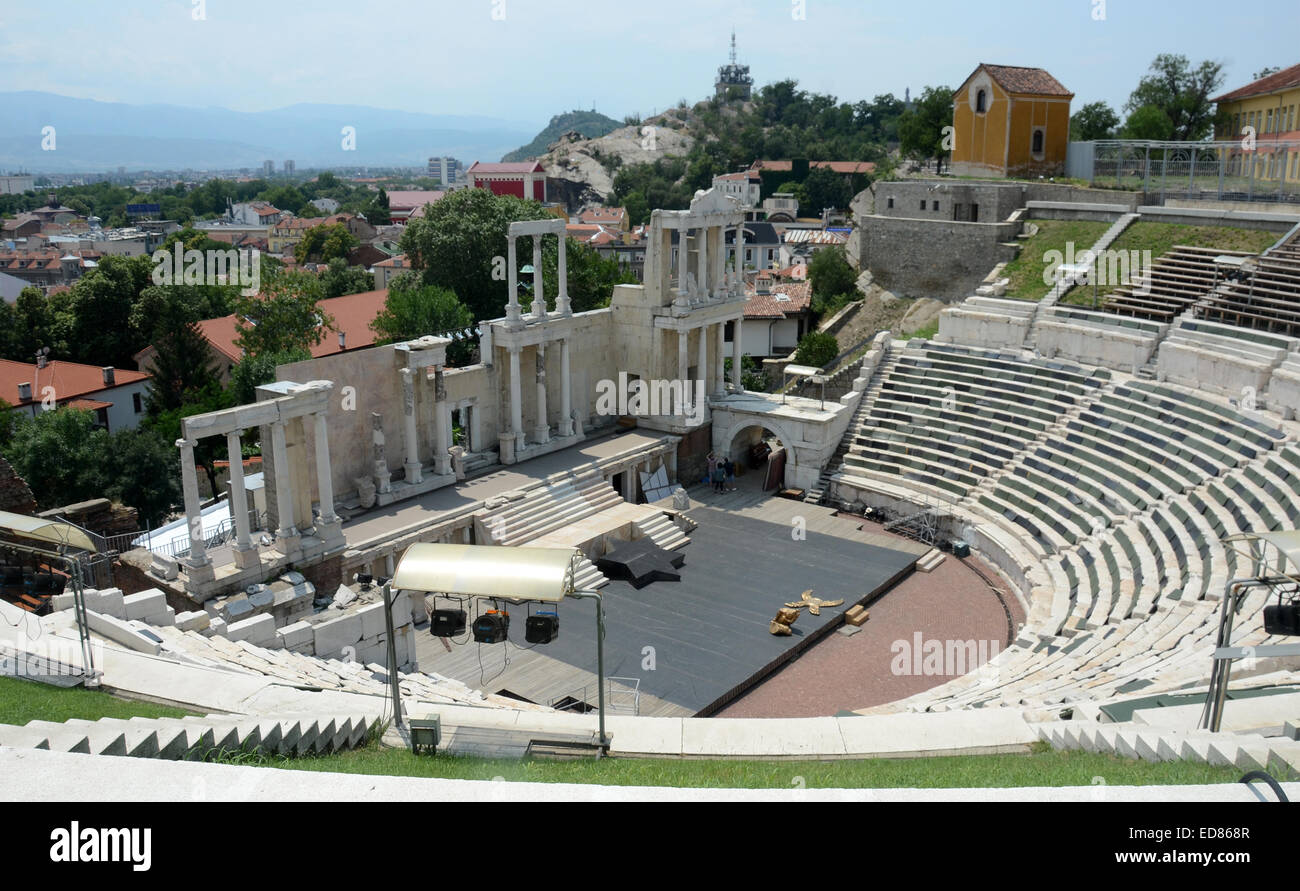 Antico Teatro romano su una collina in Plovdiv, Bulgaria Foto Stock