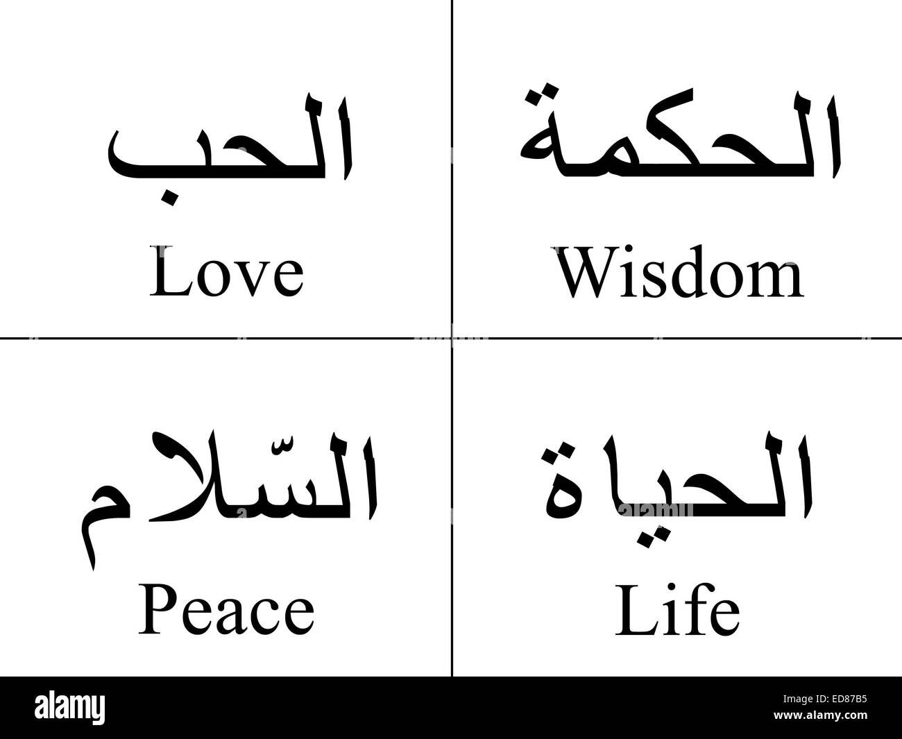 4 il linguaggio arabo in parole in silhouette, amore, pace e saggezza & Life Foto Stock