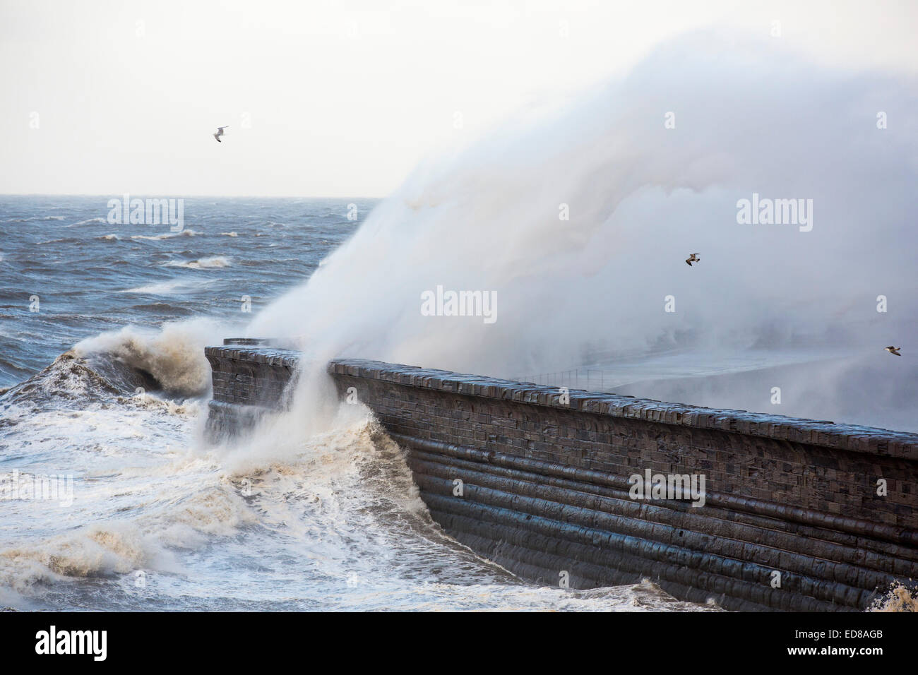 Tempesta di Extreme Waves pastella Whitehaven Harbour, Cumbria, Regno Unito nel dicembre 2014. Foto Stock
