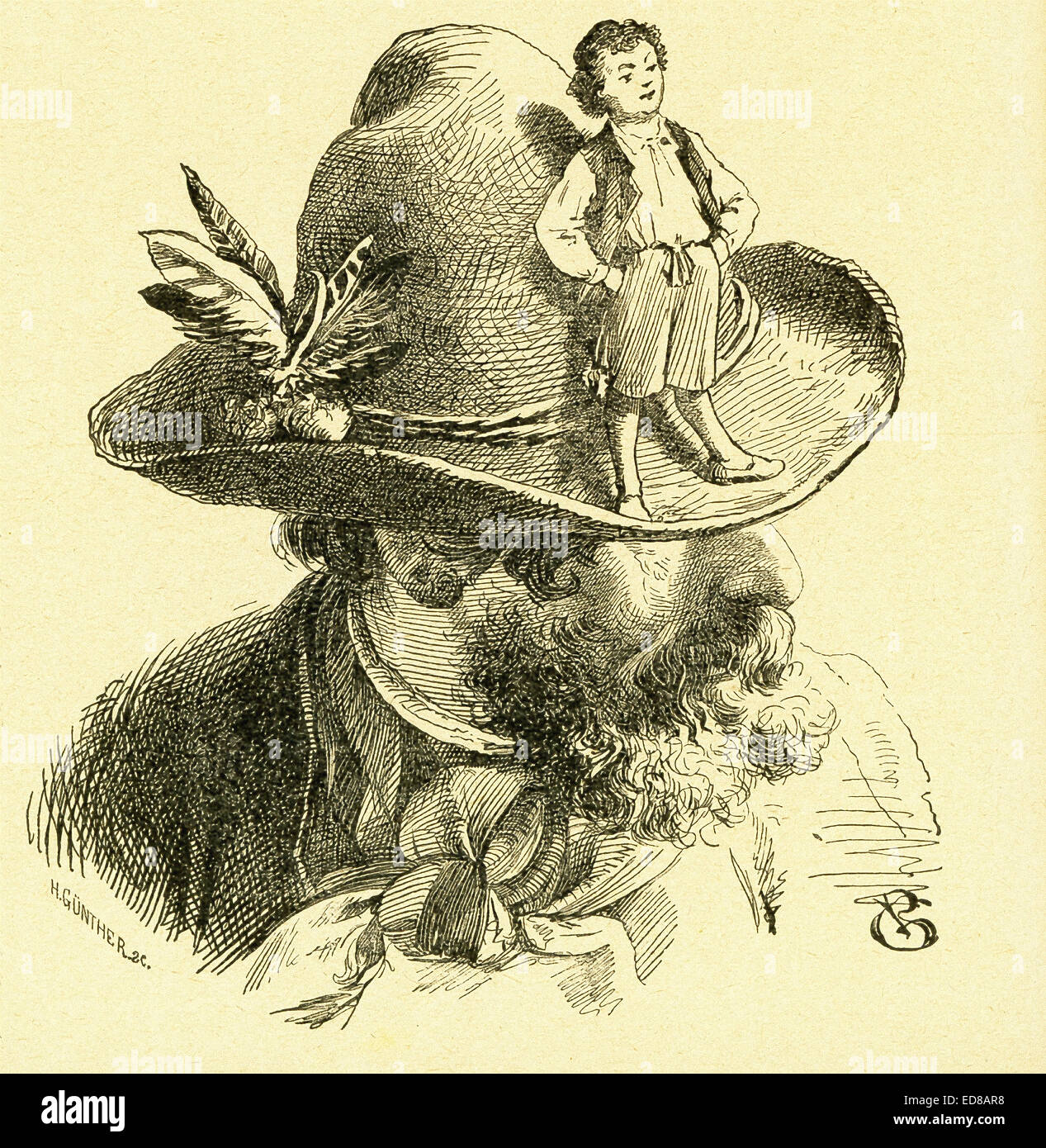 Nel 1812, i fratelli Grimm, Jacob e Wilhelm, pubblicato i Bambini e famiglia racconti, una collezione tedesco favole. Questa illustrazione accompagnato il racconto "Tom Thumb' e mostra Tom seduto sul bordo del cappello di uno degli stranieri che hanno acquistato himÑat Tom's insistenceÑform i suoi genitori. Questa immagine è da Grimms Eventyr (Grimm di favole) da Carl Ewald, pubblicato nel 1922. Il frontespizio è le illustrazioni da Philip Grot Johann e R. Leinweber. Johann era un noto illustratore tedesco e ha fatto di pezzi di Goethe, ma ha considerato i suoi pezzi per Grimm's tales molto importante. Foto Stock